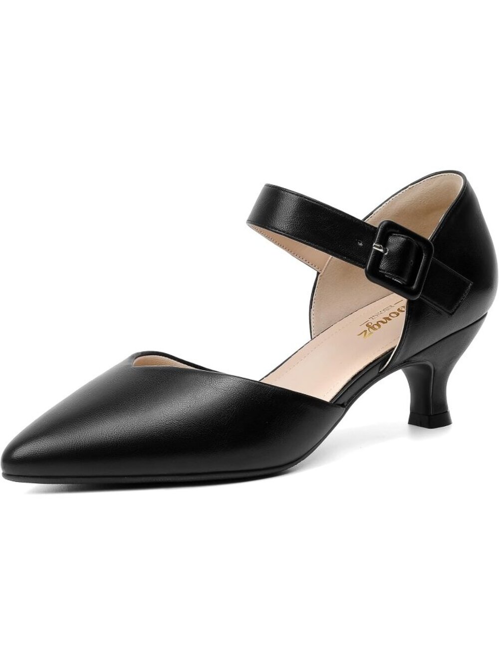 〽️Women's Black Pu Kitten Heel Pointed Closed Ankle Strap Buckle Slip On Shoes